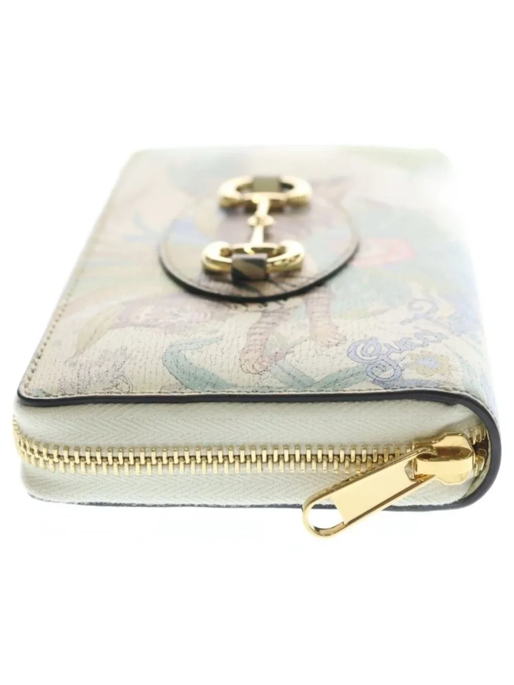 Gucci Horsebit Tiger Leather Gold Zip Around Wallet Ivory Multicolor
